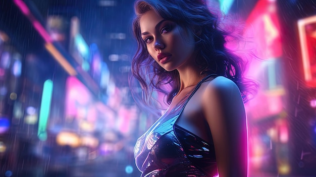 Beautiful girl on the background of the night neon city AI generation