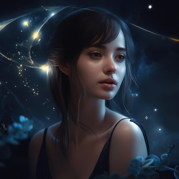 Beautiful girl on the background of the starry sky generative ai