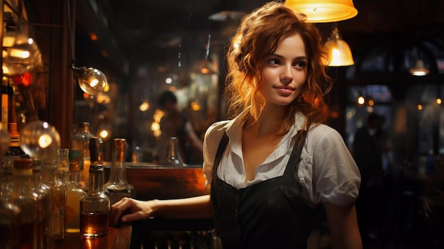 Beautiful girl bartender warm atmosphere