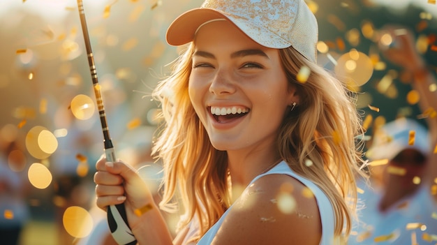 Beautiful girl in baseball cap and white tshirt holding golf club and smiling