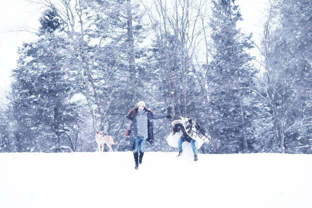 美しい日の冬の雪公園の美しい少女