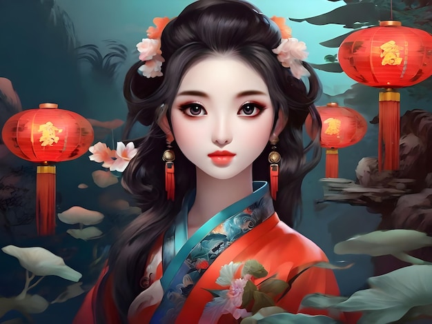 A beautiful girl big eyes Chinese style fashionable Chinese New Year