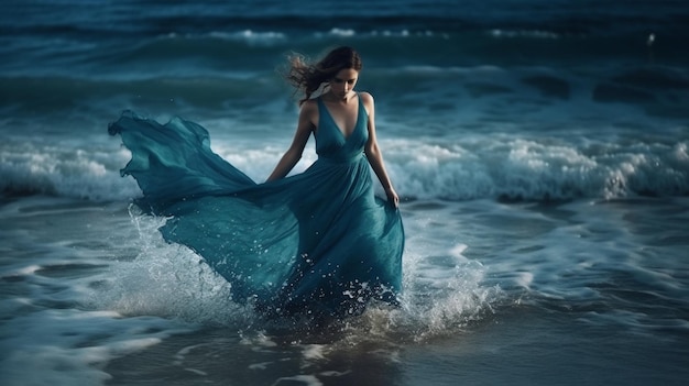 Beautiful girl in a blue dress dancing on the seashoregenerative ai