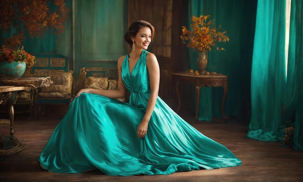 Photo beautiful girl in a blue evening turquoise dress posing ai generative