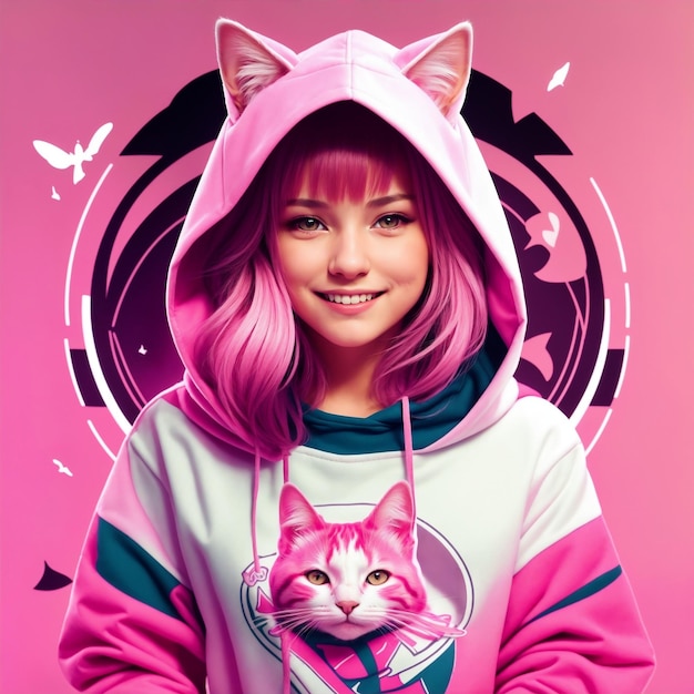 a beautiful girl in a cat pink hoodie images with ai generated