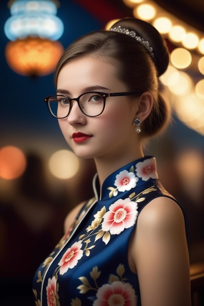 A beautiful girl in a cheongsam and glasses on a night background