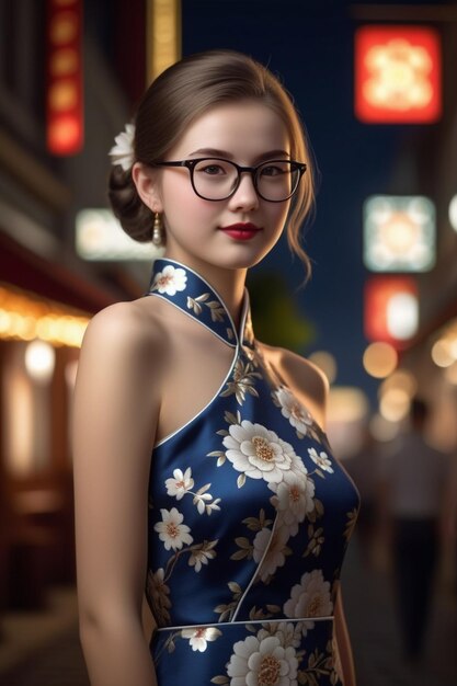 A beautiful girl in a cheongsam and glasses on a night background