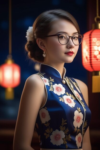 Foto una bella ragazza con un cheongsam e occhiali su uno sfondo notturno