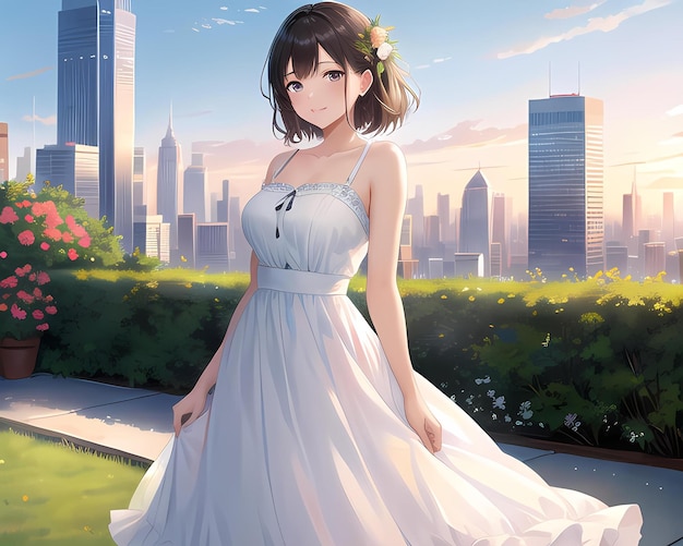 a beautiful girl on a city rooftop garden Ai generated