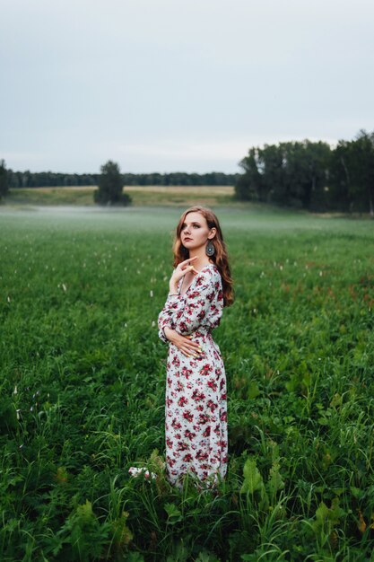 カラフルなドレスを着た美しい少女は、霧の背景に牧草地の夜に立っています。