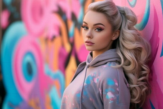 Photo beautiful girl on a colorful graffiti background