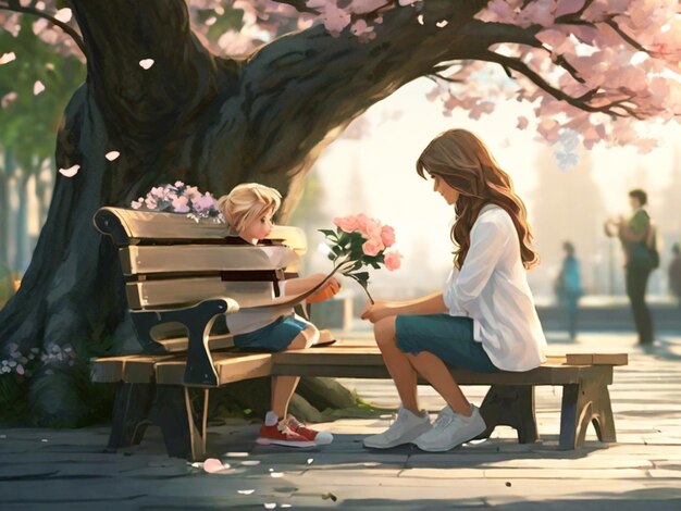 Photo a beautiful girl comes to sit on a bench under a tree floor propose her with a beautiful boy