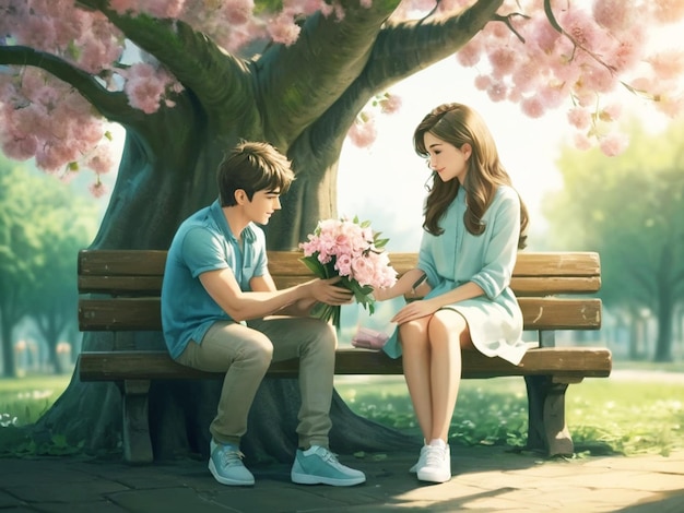 Photo a beautiful girl comes to sit on a bench under a tree floor propose her with a beautiful boy