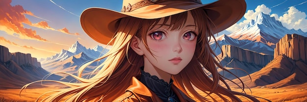 사막 과 산 들 의 넓은 배경 에 카우보이 모자 를 입은 아름다운 소녀 의 초상화