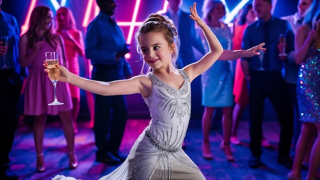 The beautiful girl dancing at the party drinking champagne