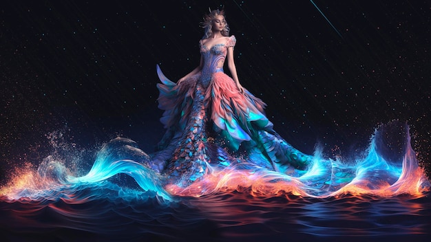 Beautiful girl in a dress Fantasy neon waves AI generation