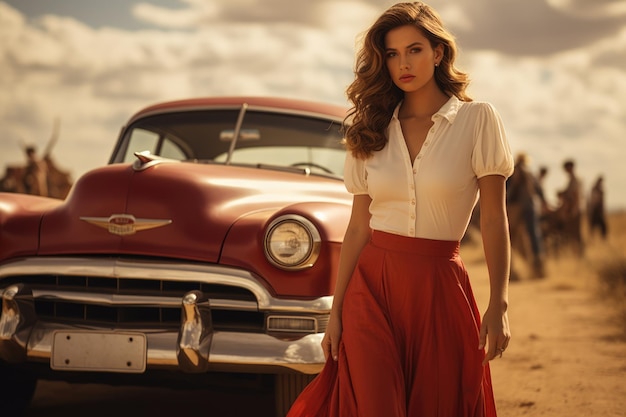 A beautiful girl in a dress and sunglasses stands on the beach near a retro luxury car in summer vacation resort style in hot countries Latin style