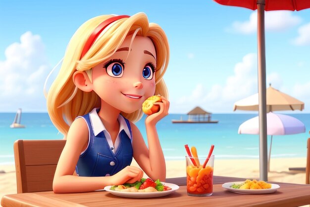 Beautiful girl eating food at beach attractive physique clear face clear sharp eyes