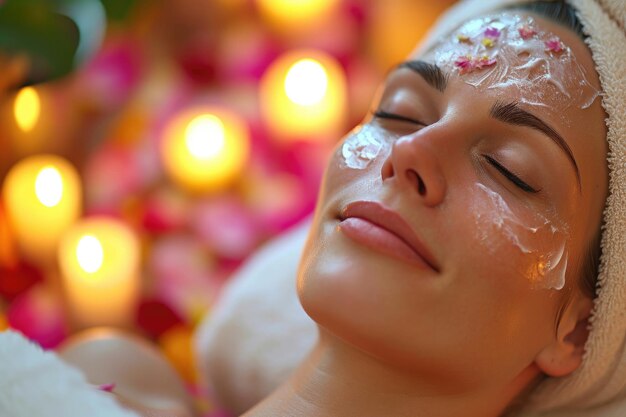 Beautiful girl enjoys facial treatments in spa salon Closeup of womans face in cream