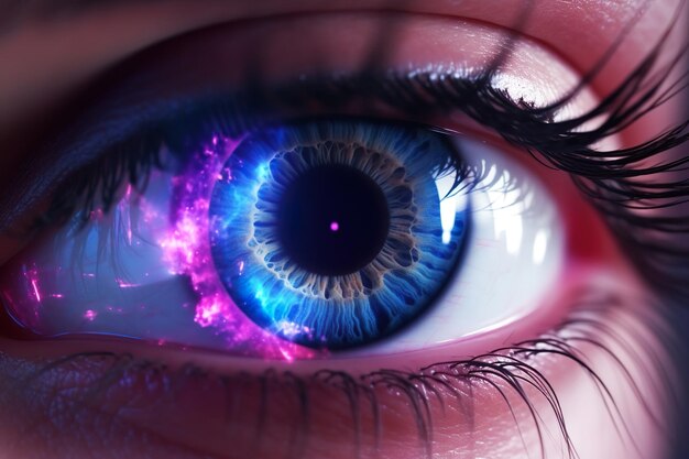 Beautiful girl eye illustration fantasy blue and pink lights octane render