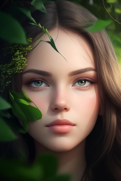 beautiful girl face with nature green