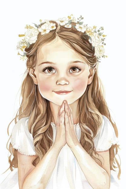 Beautiful girl First Communion Confirmation Watercolor background Warm colors White Background