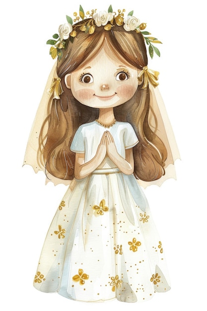 Beautiful girl First Communion Confirmation Watercolor background Warm colors White Background