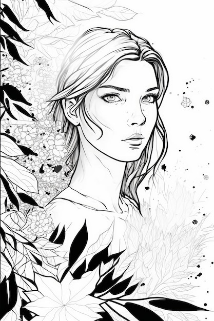 Beautiful girl among flowers coloring book with black leaves generative AI