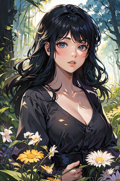 beautiful girl in forest anime style illustration