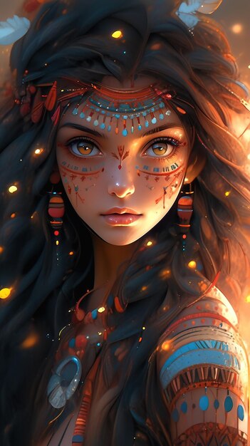 Прекрасная девушка из племени с великолепными нарядами и красивыми деталями татуировки