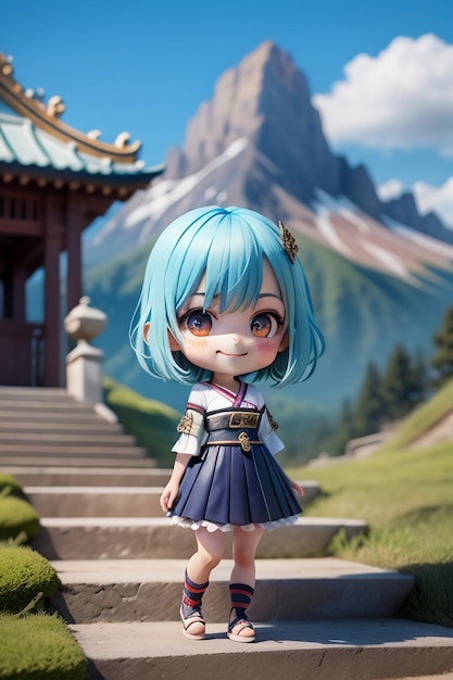 Beautiful girl in front of the temple with big eyes cartoon anime style wallpaper background