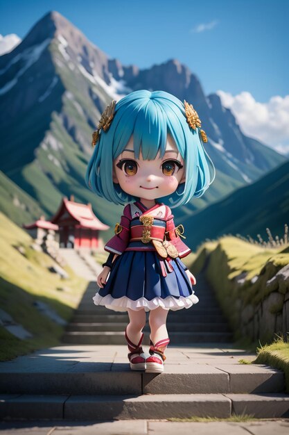 Beautiful girl in front of the temple with big eyes cartoon anime style wallpaper background