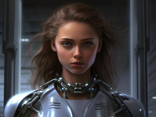 Beautiful girl futuristic android cyborg on future