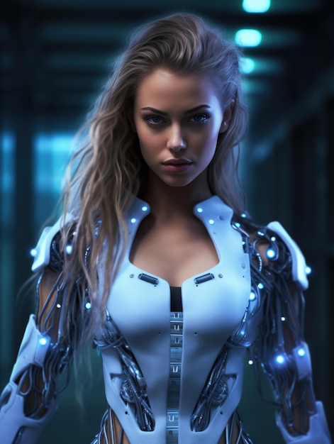 Beautiful girl futuristic android cyborg on future