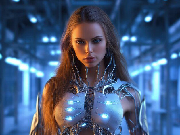 Beautiful girl futuristic android cyborg on future