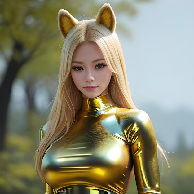 A beautiful girl in a golden latex costume