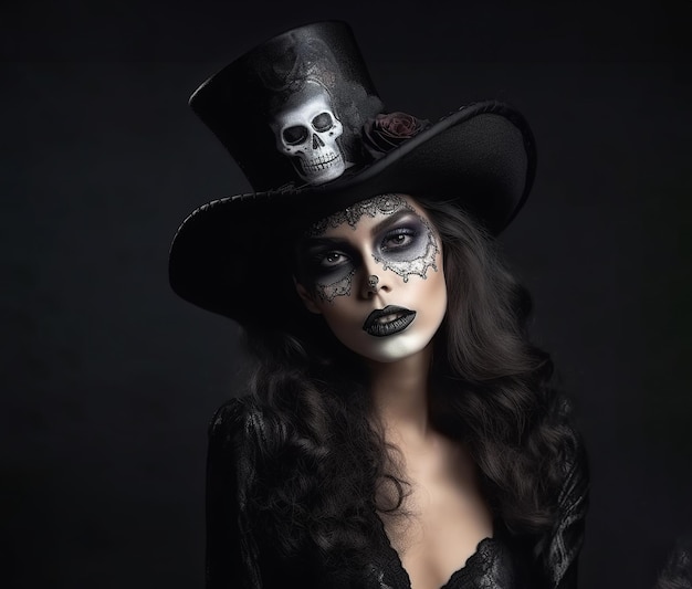 Beautiful Girl in Halloween makeup woman in top hat and skull makeup