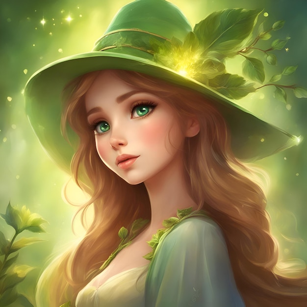 Foto bella ragazza con cappello e vestito verde con foglie verdi illustrazione 3d