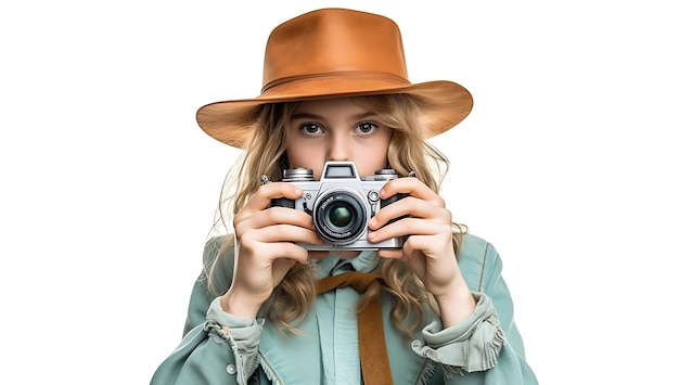 Foto una bella ragazza con un cappello con una telecamera su uno sfondo bianco ai generato