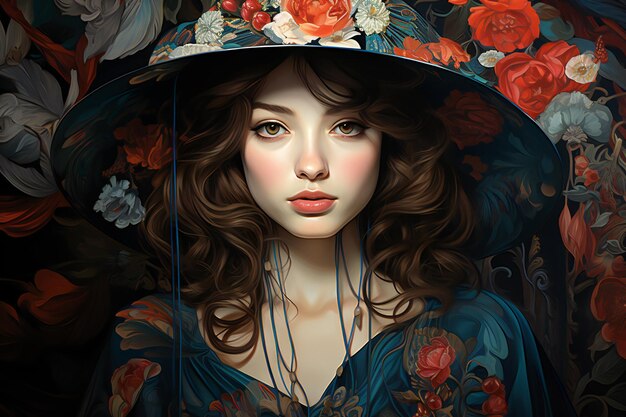 Beautiful girl in a hat with flowers Portrait of a beautiful woman