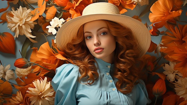꽃을 입은 모자를 입은 아름다운 소녀