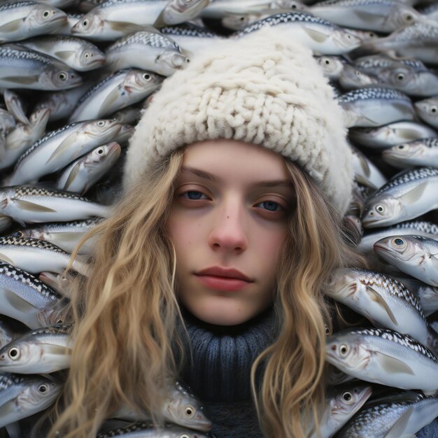 Photo beautiful girl in a hat with a large number of fish on the background of the sea