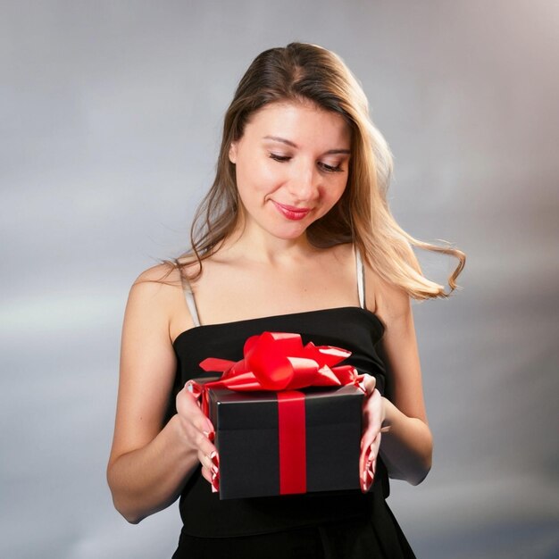 Beautiful girl holding a black gift box with a red ribbon