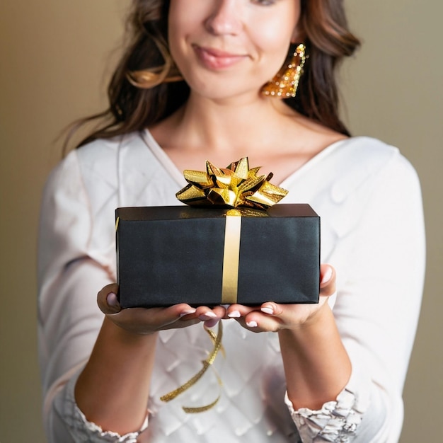 Красивая девушка с черной коробкой для подарков.