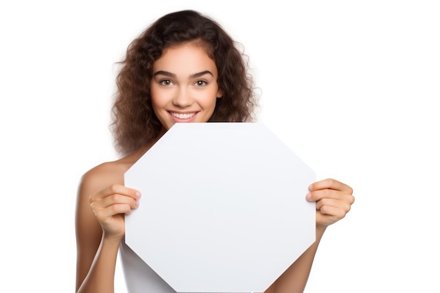 beautiful girl holding blank white billboard for mockup on an isolated white background