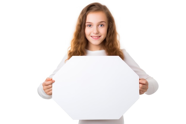 beautiful girl holding blank white billboard for mockup on an isolated white background