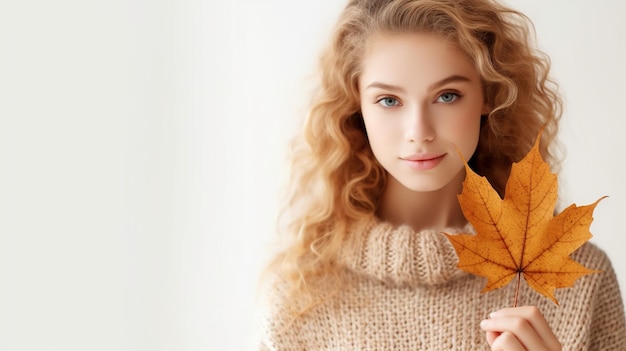 Photo beautiful girl holding a maple leaf