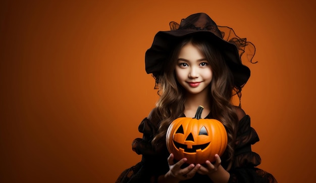 Photo beautiful girl holding pumpkin celebrating happy halloween