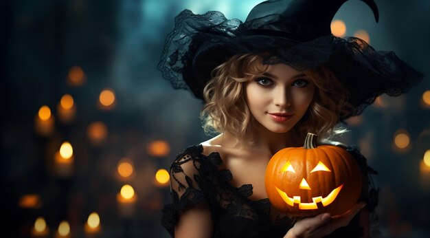 Photo beautiful girl holding pumpkin celebrating happy halloween