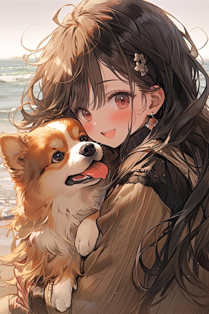 海辺のアニメのイラストで子犬を抱いている美しい女の子